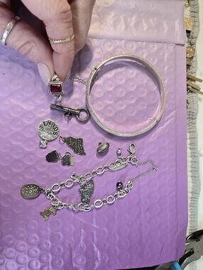 Sterling Silver Charm Bracelet and Bangle Set with Red Gem Accent
